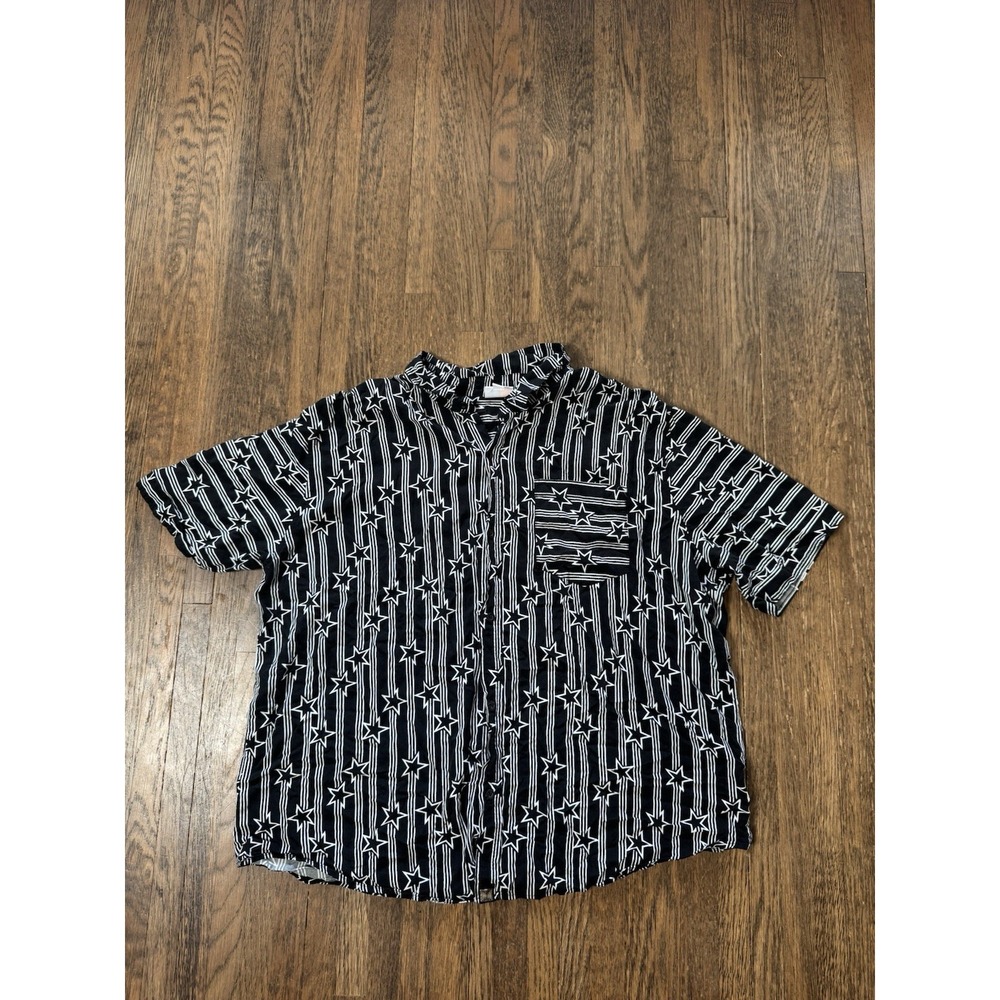 LuLaRoe Michael Mens 2XL Short Sleeve Button Up Shirt Black White Stars Stripes